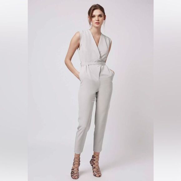 Topshop Belted Sleeveless Jumpsuit in Gray US 0 - Picture 1 of 13